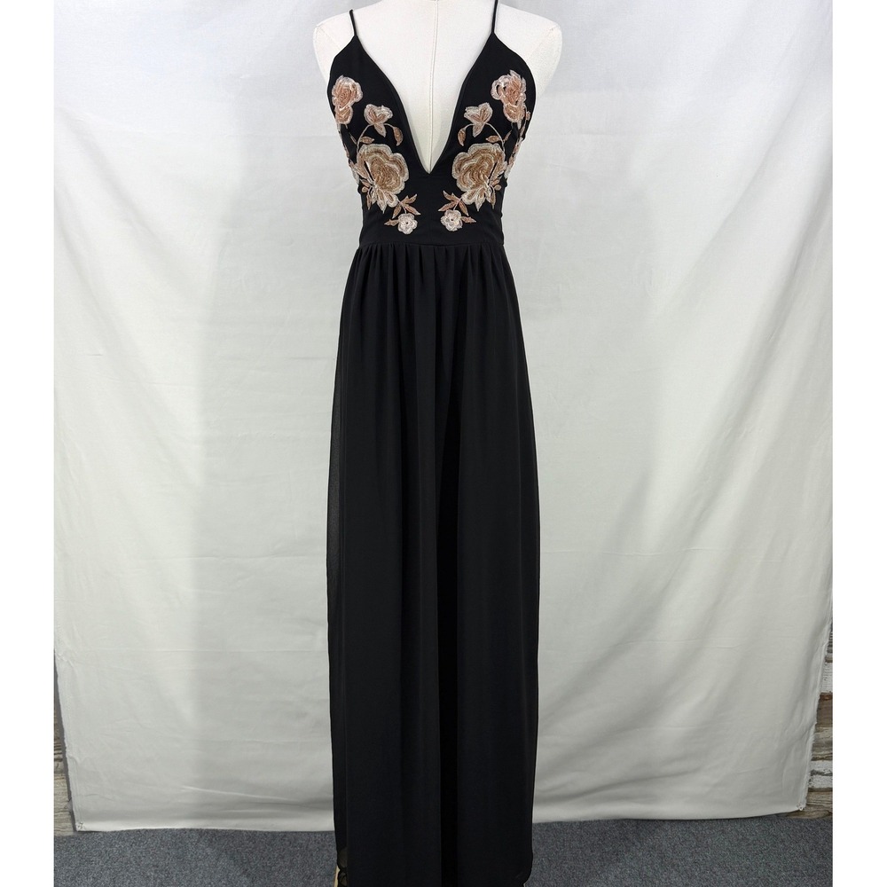 Soieblu Open Back Black Beaded Floral Maxi Dress Dark Romantic Goth Glam L